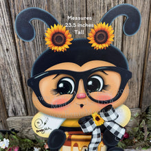 Load image into Gallery viewer, Bee decoration for summer, Bee floral arrangement, Wooden Bee with stand, Queen Bee, cute bumble Bee, entry way, shelf, garden, porch decor
