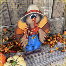 Load image into Gallery viewer, Thanksgiving Turkey decoration, funny whimsical wooden Turkey with overalls, Tiered tray, farmhouse shelf sitter, Fall table arrangement
