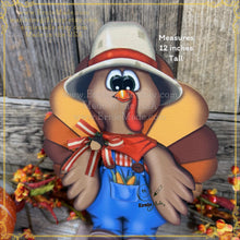Load image into Gallery viewer, Thanksgiving Turkey decoration, funny whimsical wooden Turkey with overalls, Tiered tray, farmhouse shelf sitter, Fall table arrangement
