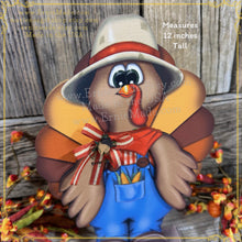 Load image into Gallery viewer, Thanksgiving Turkey decoration, funny whimsical wooden Turkey with overalls, Tiered tray, farmhouse shelf sitter, Fall table arrangement
