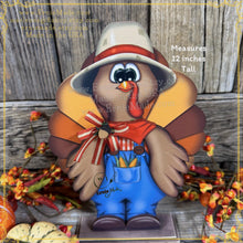 Load image into Gallery viewer, Thanksgiving Turkey decoration, funny whimsical wooden Turkey with overalls, Tiered tray, farmhouse shelf sitter, Fall table arrangement
