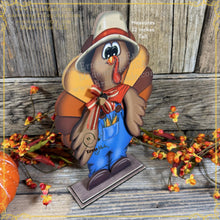 Load image into Gallery viewer, Thanksgiving Turkey decoration, funny whimsical wooden Turkey with overalls, Tiered tray, farmhouse shelf sitter, Fall table arrangement
