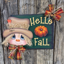 Load image into Gallery viewer, Scarecrow decoration, Fall door hanger, 3D Wooden Hello Fall sign, Thanksgiving, Halloween, front door wreath, Farmhouse Primitive Pumpkin
