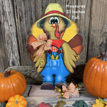 Load image into Gallery viewer, Whimsical Wooden Turkey Decoration, Thanksgiving Fall Centerpiece, Farmhouse Sign, Funny Harvest Corn Decor, Standing Turkey with big shoes
