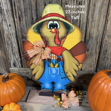 Load image into Gallery viewer, Whimsical Wooden Turkey Decoration, Thanksgiving Fall Centerpiece, Farmhouse Sign, Funny Harvest Corn Decor, Standing Turkey with big shoes
