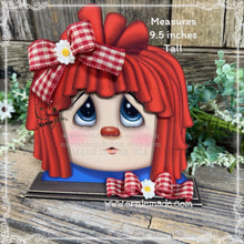Load image into Gallery viewer, Primitive Rag doll decoration, Wooden Country style shelf sitter doll, Farmhouse decor, Tiered tray, Cottage core, patriotic Americana decor
