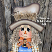 Load image into Gallery viewer, Scarecrow for Fall decoration, Pumpkin sign for porch, Hello Fall sign, Wooden Scarecrow with hat, Halloween porch decor, Thanksgiving decor
