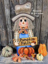 Load image into Gallery viewer, Scarecrow for Fall decoration, Pumpkin sign for porch, Hello Fall sign, Wooden Scarecrow with hat, Halloween porch decor, Thanksgiving decor
