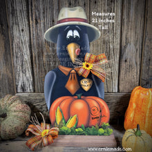Load image into Gallery viewer, Crow decoration for Fall, wooden Crow and Pumpkin Patch sign, Fall shelf sitter, Halloween, Primitive Harvest Crow and corn, Farmhouse decor
