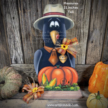 Load image into Gallery viewer, Crow decoration for Fall, wooden Crow and Pumpkin Patch sign, Fall shelf sitter, Halloween, Primitive Harvest Crow and corn, Farmhouse decor
