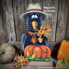 Load image into Gallery viewer, Crow decoration for Fall, wooden Crow and Pumpkin Patch sign, Fall shelf sitter, Halloween, Primitive Harvest Crow and corn, Farmhouse decor
