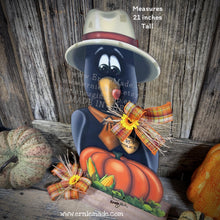 Load image into Gallery viewer, Crow decoration for Fall, wooden Crow and Pumpkin Patch sign, Fall shelf sitter, Halloween, Primitive Harvest Crow and corn, Farmhouse decor
