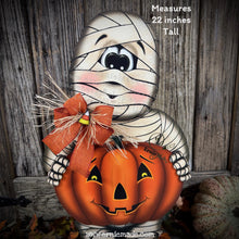 Load image into Gallery viewer, Halloween decoration, Mummy, Jack-o-lantern, pumpkin porch decor, Mummy shelf sitter, Halloween, Candy corn decor, Farmhouse fall decor,
