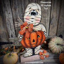 Load image into Gallery viewer, Halloween decoration, Mummy, Jack-o-lantern, pumpkin porch decor, Mummy shelf sitter, Halloween, Candy corn decor, Farmhouse fall decor,
