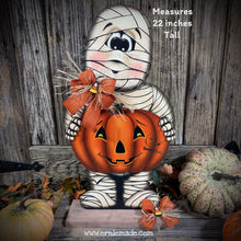 Load image into Gallery viewer, Halloween decoration, Mummy, Jack-o-lantern, pumpkin porch decor, Mummy shelf sitter, Halloween, Candy corn decor, Farmhouse fall decor,

