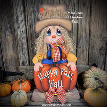 Load image into Gallery viewer, Fall Scarecrow decoration, wooden standing Scarecrow with large pumpkin sign, Autumn porch decor, Thanksgiving, Halloween, pumpkin fall sign
