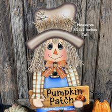 Load image into Gallery viewer, Scarecrow for Fall decoration, Pumpkin sign for porch, Hello Fall sign, Wooden Scarecrow with hat, Halloween porch decor, Thanksgiving decor
