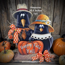 Load image into Gallery viewer, Fall Crow decoration, funny Crow couple with Pumpkin Sign, Porch decor, Halloween centerpiece, Hay-stack sitter, Thanksgiving arrangement
