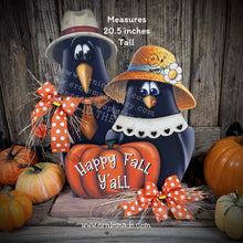 Load image into Gallery viewer, Fall Crow decoration, funny Crow couple with Pumpkin Sign, Porch decor, Halloween centerpiece, Hay-stack sitter, Thanksgiving arrangement
