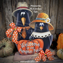 Load image into Gallery viewer, Fall Crow decoration, funny Crow couple with Pumpkin Sign, Porch decor, Halloween centerpiece, Hay-stack sitter, Thanksgiving arrangement
