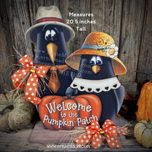 Load image into Gallery viewer, Fall Crow decoration, funny Crow couple with Pumpkin Sign, Porch decor, Halloween centerpiece, Hay-stack sitter, Thanksgiving arrangement
