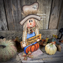 Load image into Gallery viewer, Fall Scarecrow and Pumpkin Patch sign, Fall decoration, Pumpkin arrangement for entry way, Halloween, Farmhouse, Thanksgiving centerpiece
