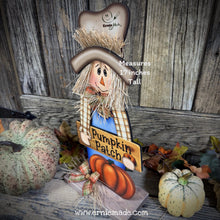 Load image into Gallery viewer, Fall Scarecrow and Pumpkin Patch sign, Fall decoration, Pumpkin arrangement for entry way, Halloween, Farmhouse, Thanksgiving centerpiece
