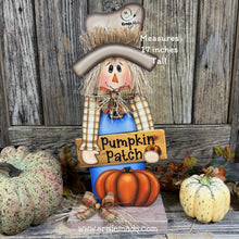 Load image into Gallery viewer, Fall Scarecrow and Pumpkin Patch sign, Fall decoration, Pumpkin arrangement for entry way, Halloween, Farmhouse, Thanksgiving centerpiece
