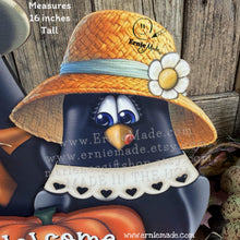 Load image into Gallery viewer, Fall Crow decoration, funny Crow couple with Pumpkin Sign, Porch decor, Halloween centerpiece, Hay-stack sitter, Thanksgiving arrangement
