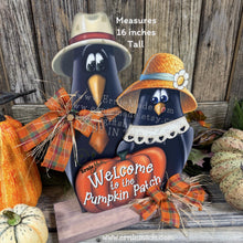 Load image into Gallery viewer, Fall Crow decoration, funny Crow couple with Pumpkin Sign, Porch decor, Halloween centerpiece, Hay-stack sitter, Thanksgiving arrangement
