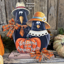 Load image into Gallery viewer, Fall Crow decoration, funny Crow couple with Pumpkin Sign, Porch decor, Halloween centerpiece, Hay-stack sitter, Thanksgiving arrangement
