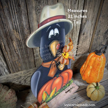 Load image into Gallery viewer, Crow decoration for Fall, wooden Crow and Pumpkin Patch sign, Fall shelf sitter, Halloween, Primitive Harvest Crow and corn, Farmhouse decor
