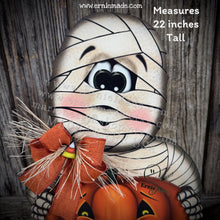 Load image into Gallery viewer, Halloween decoration, Mummy, Jack-o-lantern, pumpkin porch decor, Mummy shelf sitter, Halloween, Candy corn decor, Farmhouse fall decor,
