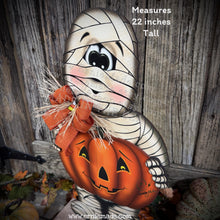 Load image into Gallery viewer, Halloween decoration, Mummy, Jack-o-lantern, pumpkin porch decor, Mummy shelf sitter, Halloween, Candy corn decor, Farmhouse fall decor,
