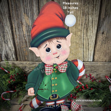 Load image into Gallery viewer, Christmas elf decoration, Holiday tiered tray, Boy Elf shelf sitter, Christmas Elf, sweets kitchen table decor, Candy Cane Gingerbread, elf
