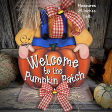 Load image into Gallery viewer, Fall Scarecrow decoration, wooden standing Scarecrow with large pumpkin sign, Autumn porch decor, Thanksgiving, Halloween, pumpkin fall sign
