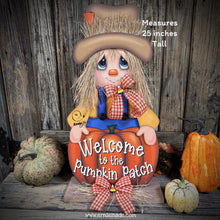 Load image into Gallery viewer, Fall Scarecrow decoration, wooden standing Scarecrow with large pumpkin sign, Autumn porch decor, Thanksgiving, Halloween, pumpkin fall sign
