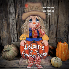 Load image into Gallery viewer, Fall Scarecrow decoration, wooden standing Scarecrow with large pumpkin sign, Autumn porch decor, Thanksgiving, Halloween, pumpkin fall sign
