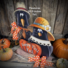 Load image into Gallery viewer, Fall Crow decoration, funny Crow couple with Pumpkin Sign, Porch decor, Halloween centerpiece, Hay-stack sitter, Thanksgiving arrangement

