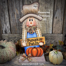 Load image into Gallery viewer, Fall Scarecrow and Pumpkin Patch sign, Fall decoration, Pumpkin arrangement for entry way, Halloween, Farmhouse, Thanksgiving centerpiece

