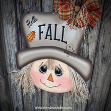Load image into Gallery viewer, Scarecrow decoration, fall door hanger, Wooden Hello Fall sign, Thanksgiving porch accent, Halloween, front door wreath, Farmhouse, Autumn
