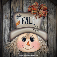 Load image into Gallery viewer, Scarecrow decoration, fall door hanger, Wooden Hello Fall sign, Thanksgiving porch accent, Halloween, front door wreath, Farmhouse, Autumn
