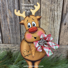 Load image into Gallery viewer, Christmas Reindeer decoration, Wood Rudolph shelf sitter, Standing reindeer with red nose and big feet, Hunting theme, Antler centerpiece
