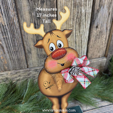 Load image into Gallery viewer, Christmas Reindeer decoration, Wood Rudolph shelf sitter, Standing reindeer with red nose and big feet, Hunting theme, Antler centerpiece
