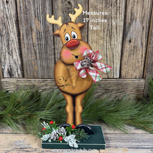 Load image into Gallery viewer, Christmas Reindeer decoration, Wood Rudolph shelf sitter, Standing reindeer with red nose and big feet, Hunting theme, Antler centerpiece
