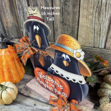 Load image into Gallery viewer, Fall Crow decoration, funny Crow couple with Pumpkin Sign, Porch decor, Halloween centerpiece, Hay-stack sitter, Thanksgiving arrangement
