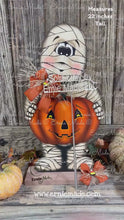 Load and play video in Gallery viewer, Halloween decoration, Mummy, Jack-o-lantern, pumpkin porch decor, Mummy shelf sitter, Halloween, Candy corn decor, Farmhouse fall decor,
