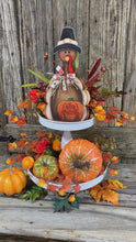 Load and play video in Gallery viewer, Thanksgiving decoration, Turkey and pumpkin, Autumn floral arrangement for table, shelf, Fall mantle decor Tiered tray, cute wooden Turkey
