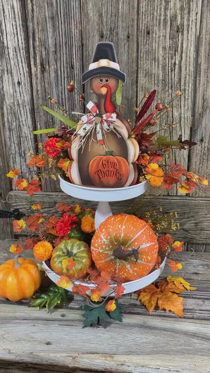 Thanksgiving decoration, Turkey and pumpkin, Autumn floral arrangement for table, shelf, Fall mantle decor Tiered tray, cute wooden Turkey