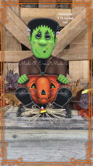 Frankenstein, Cute Halloween Monster, tiered tray, jack-o-lantern pumpkin decoration, Halloween decoration, Wooden Frankenstein and pumpkin
